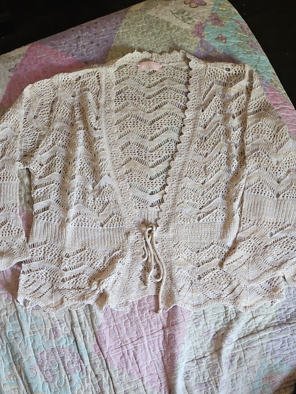 Light Beige Open Knit Women’s Cardigan Sweater with Tie Front